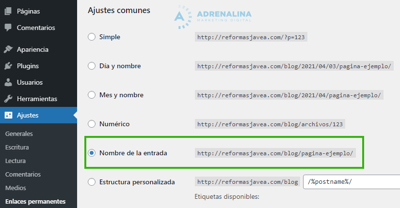 ajustes enlaces permanentes