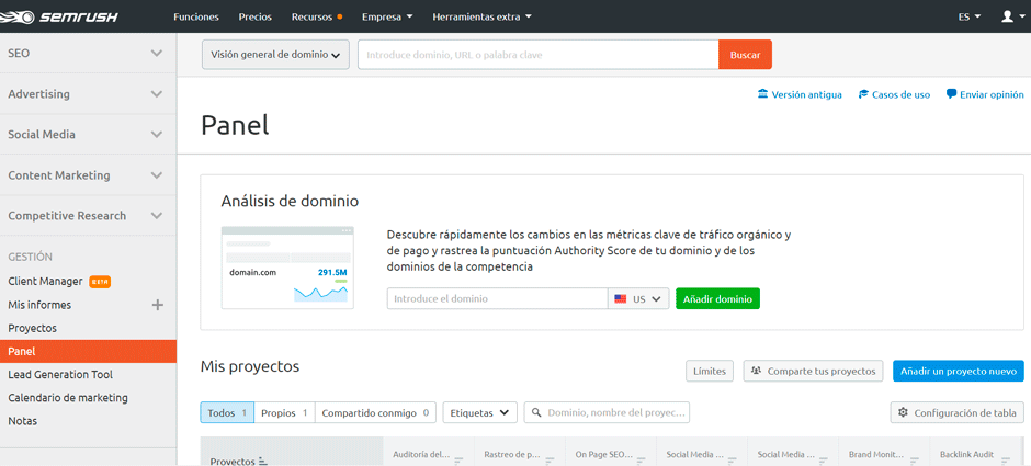 interfaz semrush 2020