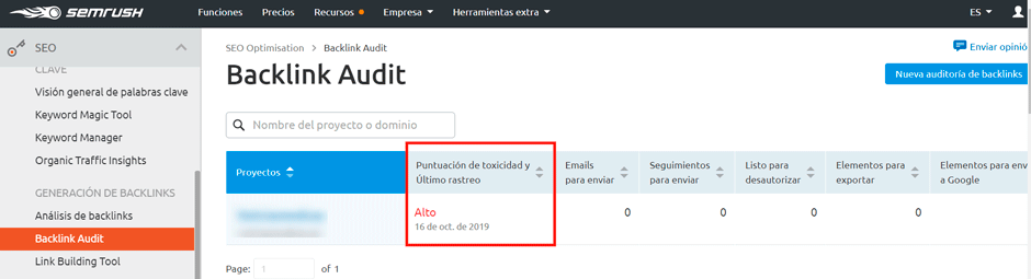 semrush toxicidad backlinks