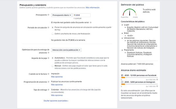 configuracion presupuesto facebook ads