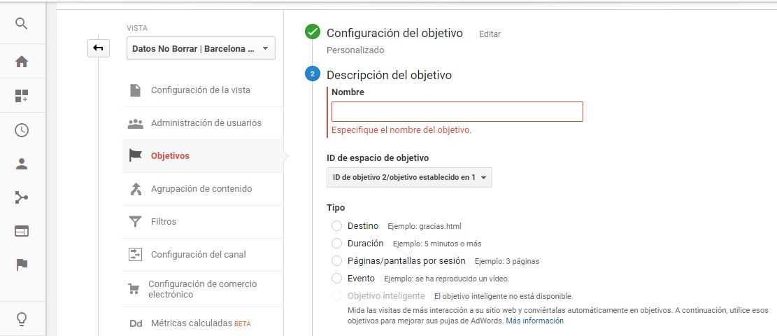 configuracion objetivos en analytics