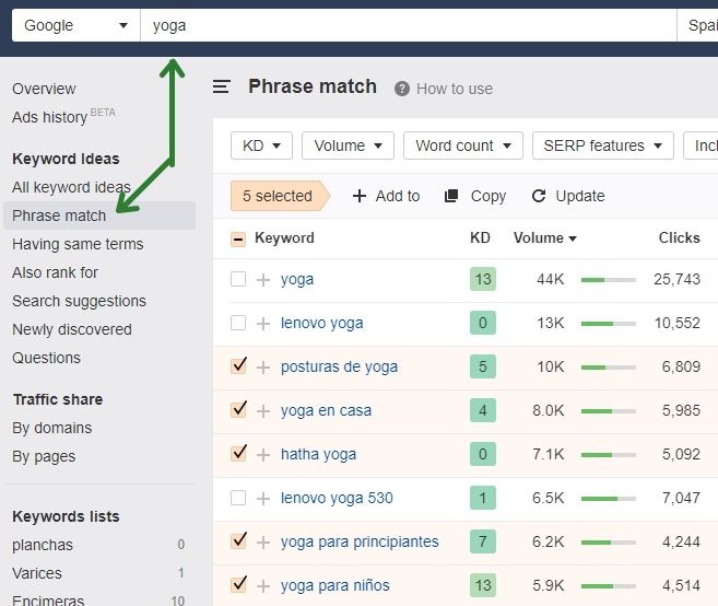 coincidencia frase keywords