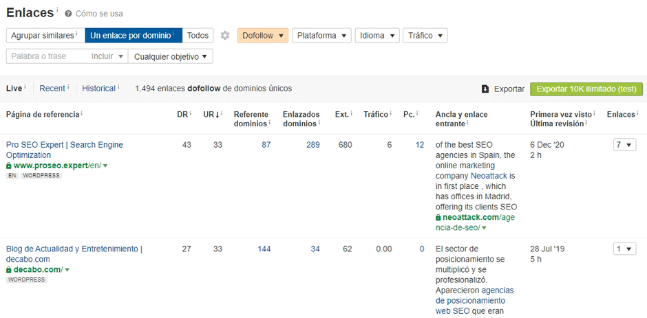 perfil enlaces ahrefs